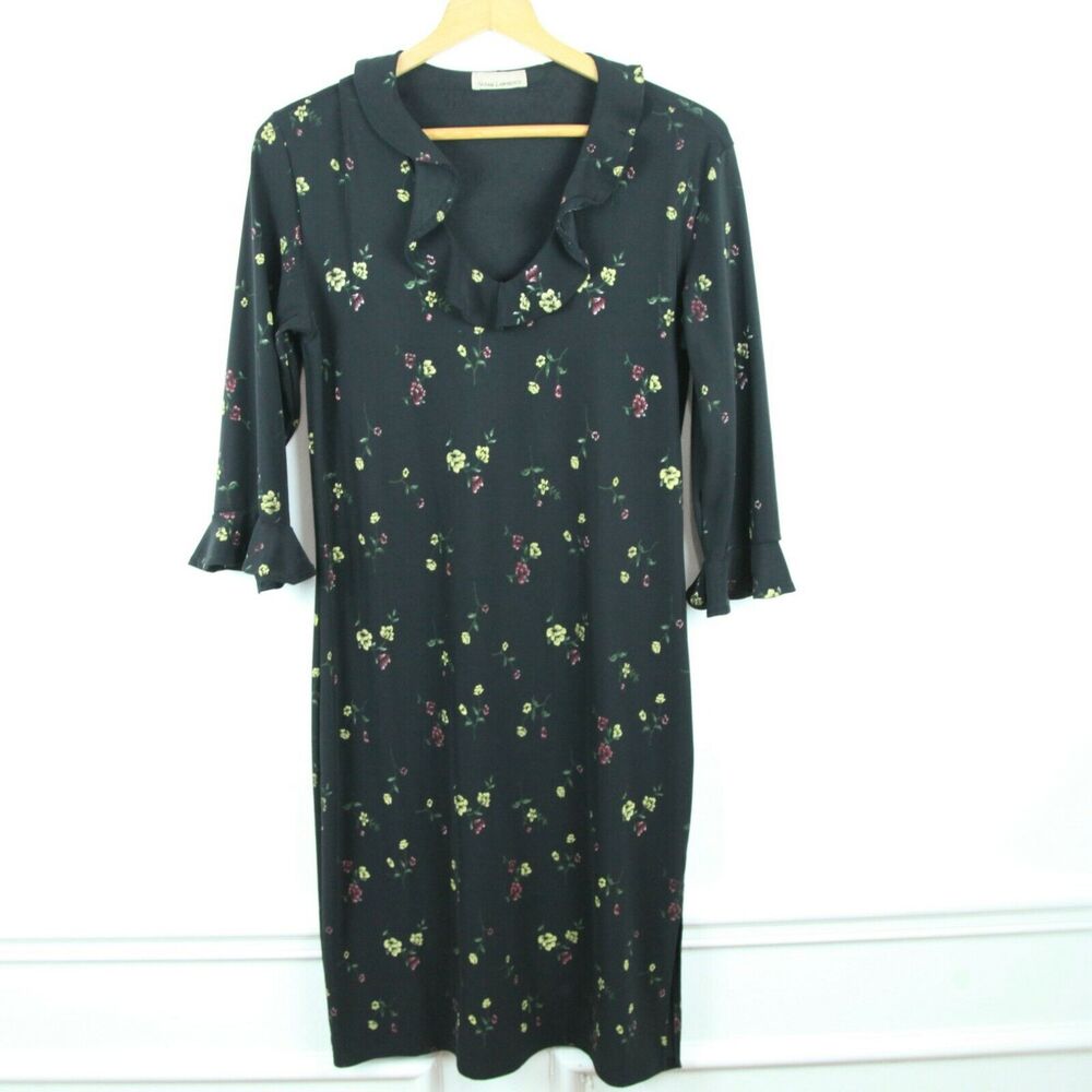 VTG 90s Black Dainty Floral Ruffle Dress Grunge Whimsigoth Cottagecore XS S